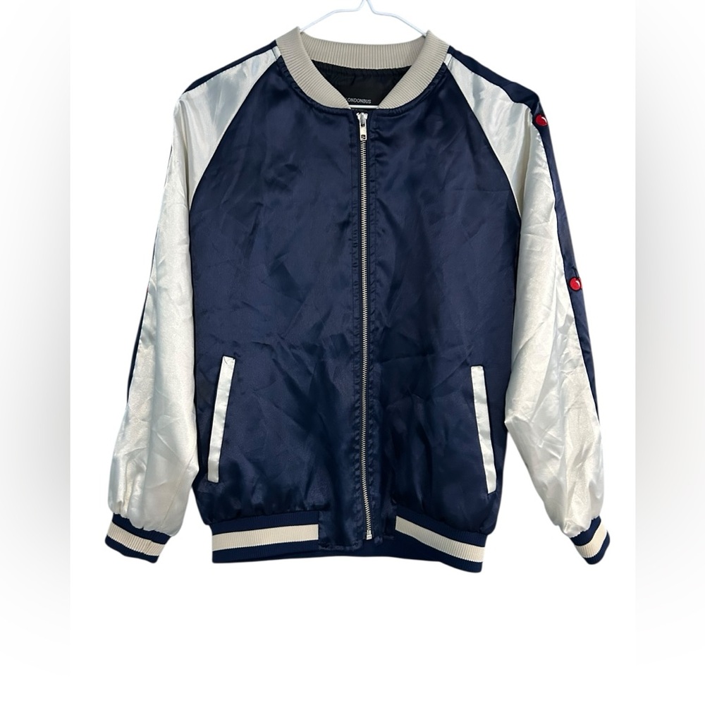 Londonbus Satin Bomber Jacket Embroidered Cherries On Sleeve Blue White NWOT S